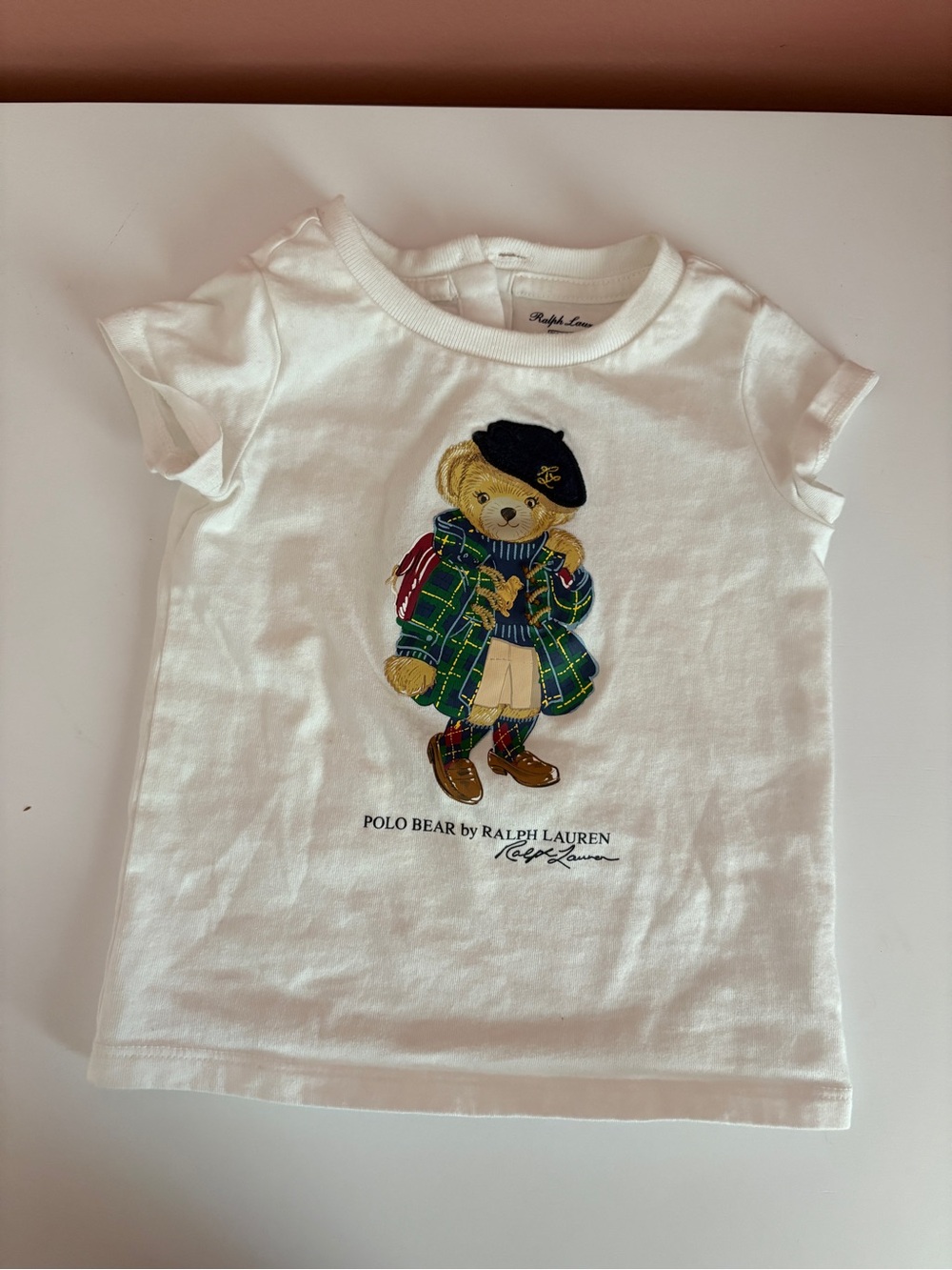 Ralph Lauren White Kids Polo Bear Tee with Navy Beret